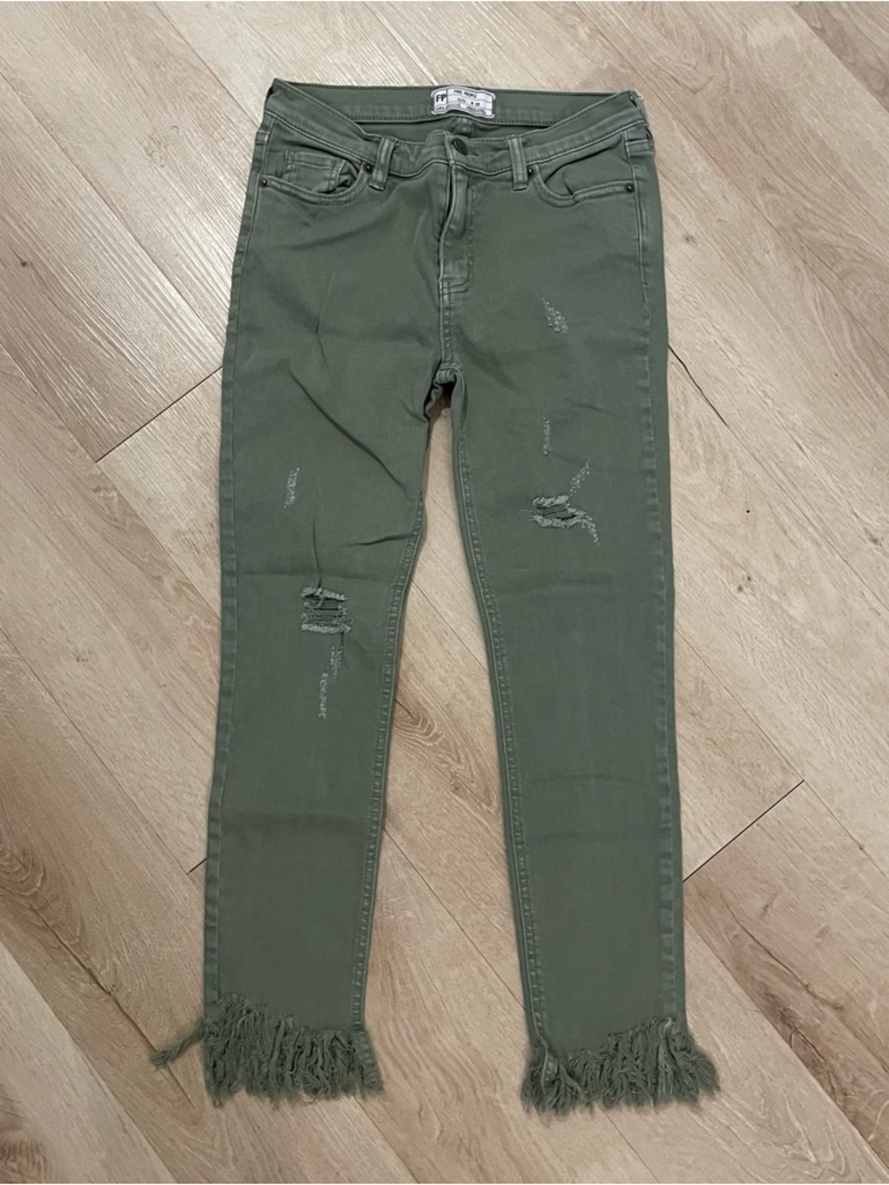 Free People Olive Green Distressed Skinny Jeans with Fringed Hem